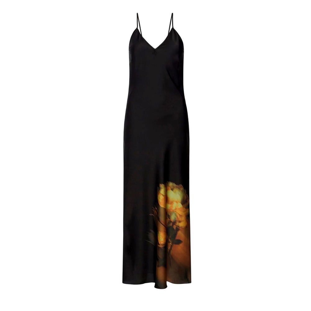 MISA Los Angeles Slip Dress Zia Black Satin Yellow Rose Graphic XS NEW - Picture 5 of 15